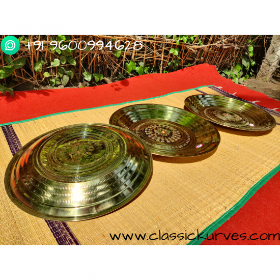 M&M - Brass Traditional Hammered Finish Deep Plate / Brass Thambalam Plate  / Simple Dot Design Thali Plate